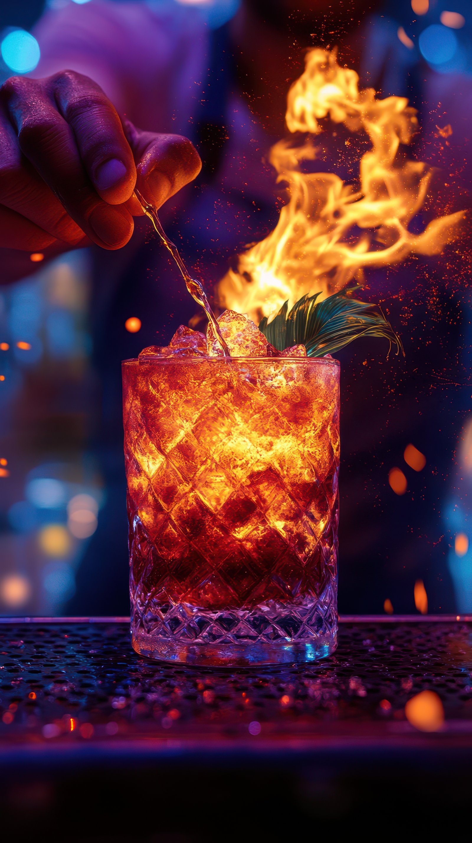 Crafting a fiery cocktail at a vibrant bar during a night out with friends